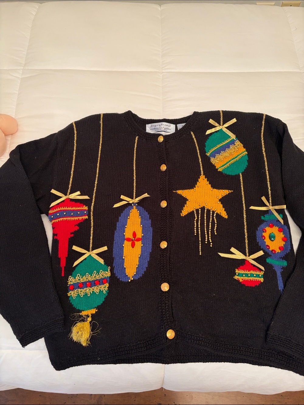 Festive Black Holiday Cardigan Sweater with Colorful Ornaments